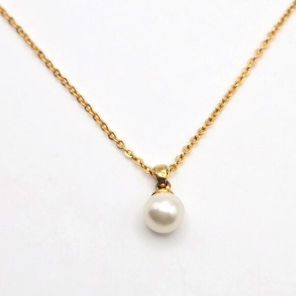 Dainty Single Faux Pearl Pendant on 18" 14k Gold-plated Cable Chain Necklace - Picture 4 of 5